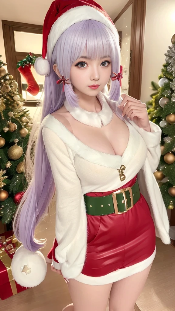 (8K, masterpiece, RAW photos, best quality, detail:1.2), Reality, Extremely detailed Cg Unity 8K wallpaper, Depth of Field, light, lens flare, Ray Tracing, (Extremely beautiful face, Beautiful lips, beautiful eyes), intricate detail face, ((ultra detailed skin)),1 Girl, Remote freezing, Purple Hair, Purple Eyes, (Purple pupils), Very long hair, Wide hips, Large Breasts, ((Christmas clothes:1.2)), partedbangs, 傻lol, 微lol, lol, Santa Claus Costume, Bag full of gifts, Christmas tree,