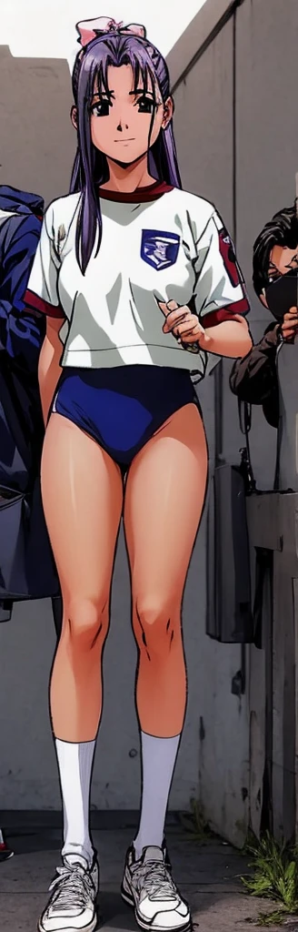 Momoko Koigakubo, a tall girl with beautiful legs, is standing with a smile on her face in a white gym uniform and light navy blue bloomers that look like panties.。