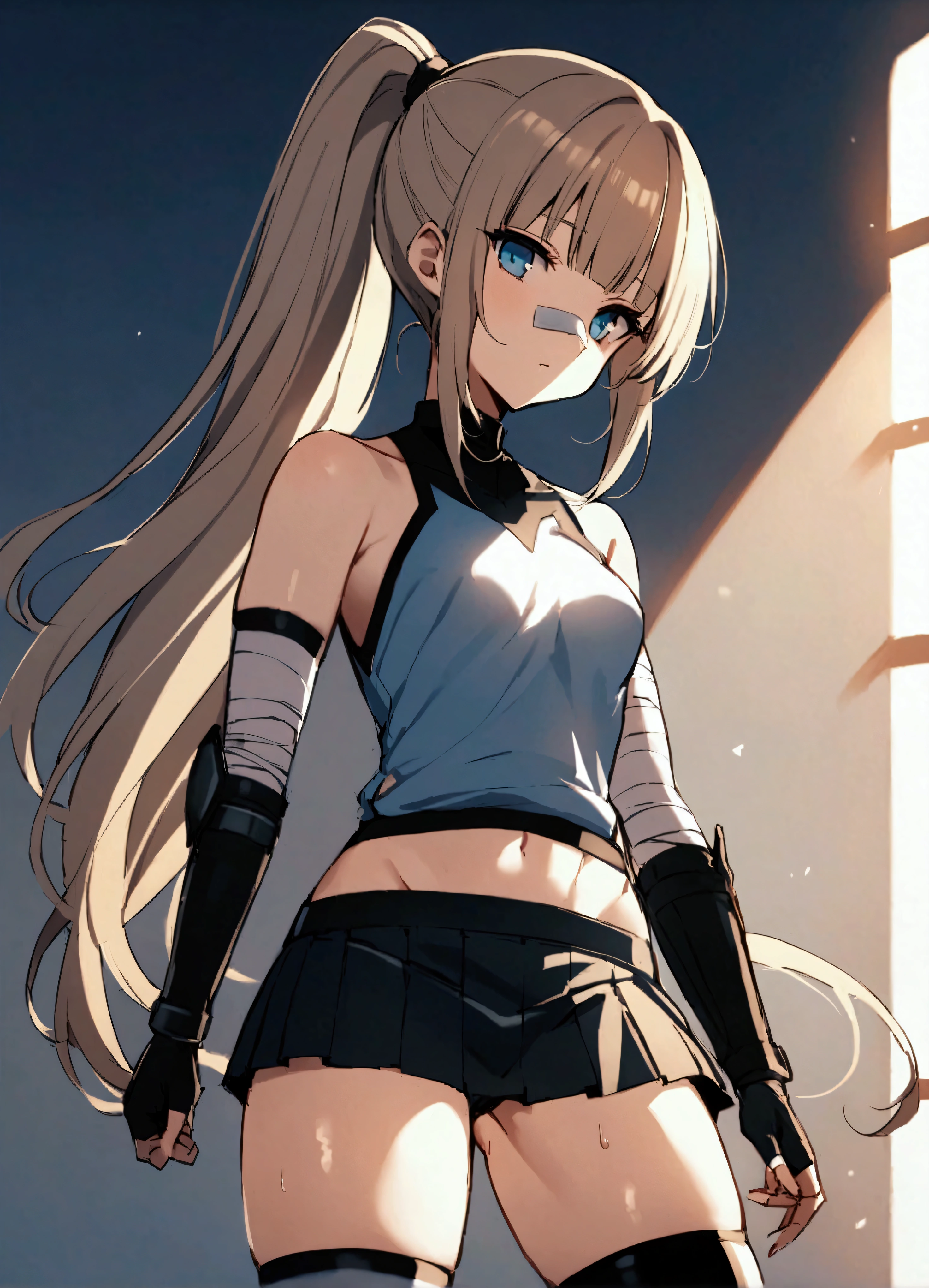 score_9、score_8_up、score_7_up、score_6_up、blackmyst-dh、BREAK、、One girl、、shirtが胸の上、Small bare breasts、Big blue、Black beanie、黒いカーゴ shorts、Long straight brown hair、Toned body、Turquoise Eyes、Dull blonde hair、Two Tone Hair Color、Long Hair、Hime cut、(Micro Skirt:1.2)、Pleated Skirt、Thigh-high socks、とてもLong Hair、オレンジ色のshirt、Fingerless gloves、shorts、Bandaged arm、Bandaged thighs、shirt、結んだLong Hair、Adhesive plaster on the nose、Elbow pads、ponytail、黒いshorts、、、Pelvic Curtain