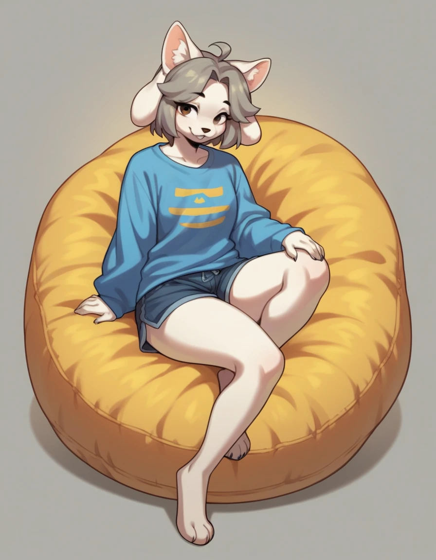 score_9,score_8_up,score_7_up, source_anime, temmie from undertale, Anthro girl, short silver grey hair, tall slender body, brown eyes, white furry body, canine feline hybrid girl, four ears, floppy white dog ears, white cat ears, wearing shirt, shorts, barefoot, feet paws four toes, sitting on a beanbag chair, playful pose, one leg up, seductive