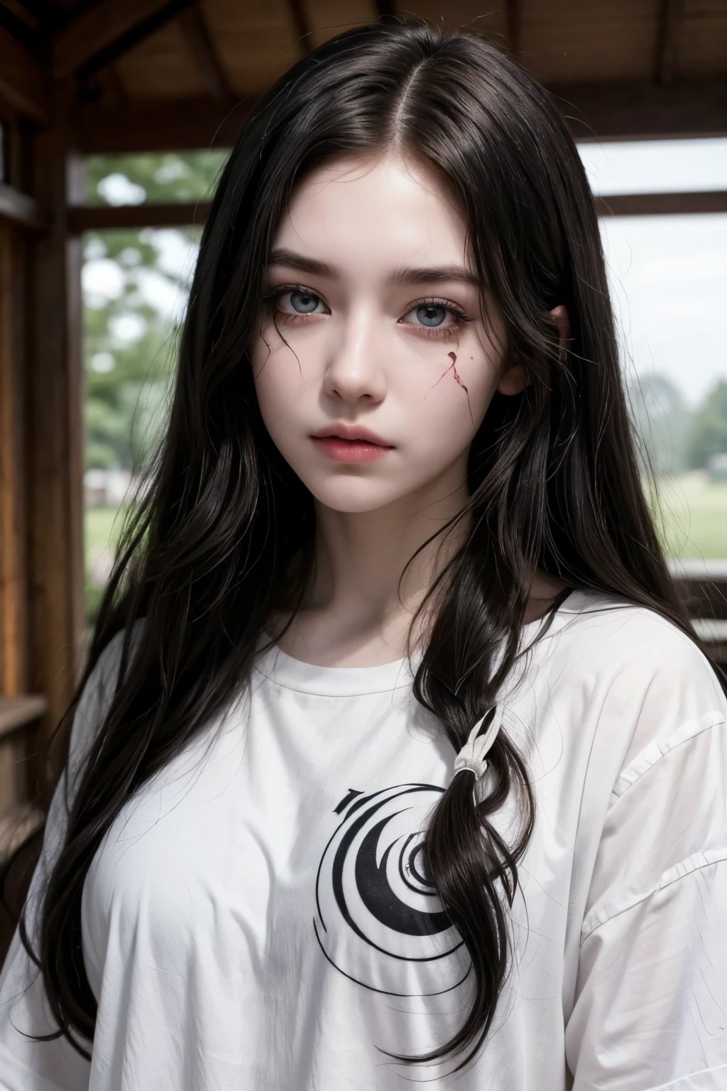 A pale white girl almost like a ghost, with long black curly hair, with the right eye black and the left with the iris white and a horrible scar that goes from the eyebrow to the cheek and a half-blood camp shirt
