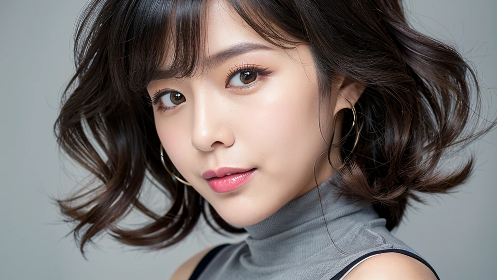 (Detailed face),vivid,cute,Sleeveless and(turtleneck)White silky clothes,4K,Ultra-high resolution,(Photorealistic:1.7),Gray background,Long, curly black hair,