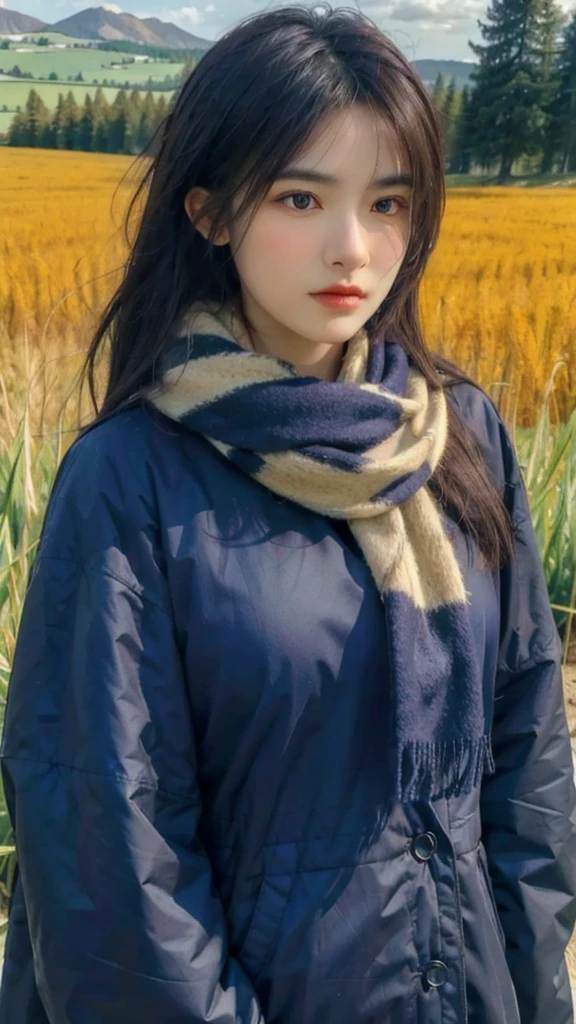8k, best quality, masterpiece, realistic, ultra detail, photo realistic, Increase quality,
a photo of a girl standing in a field with a scarf, in the style of dark and brooding designer, voluminous mass, photobash, serene faces, jagged edges, navy, natural beauty, close-up shot
