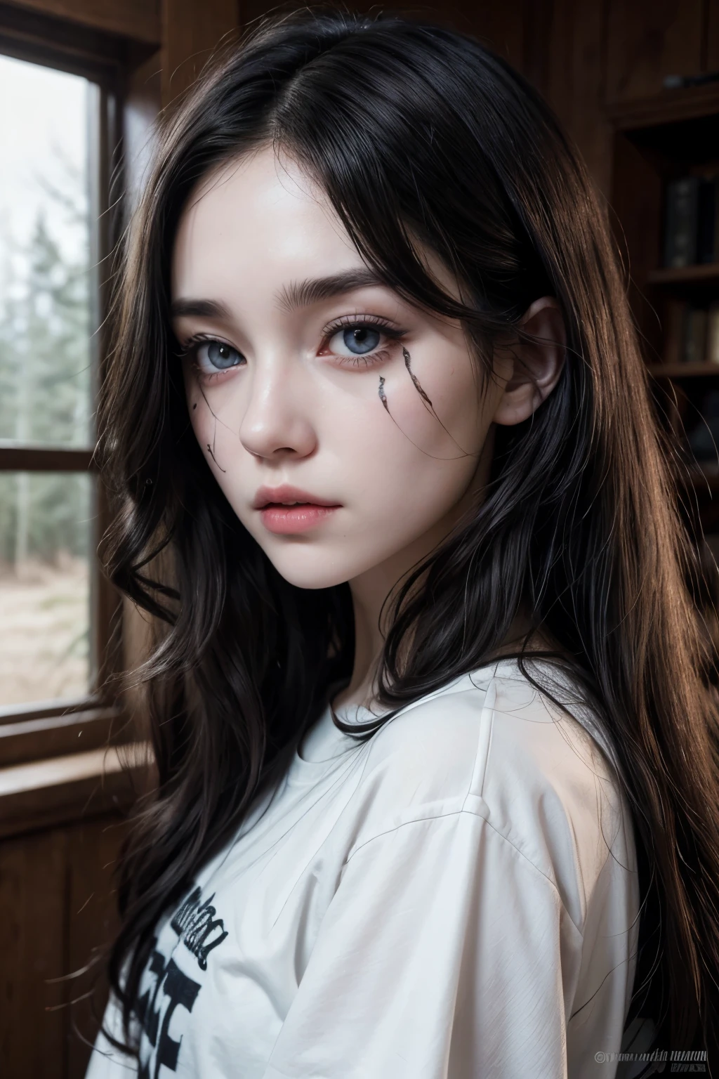 A pale white girl almost like a ghost, with long black curly hair, with the right eye black and the left with the iris white and a horrible scar that goes from the eyebrow to the cheek and a half-blood camp shirt