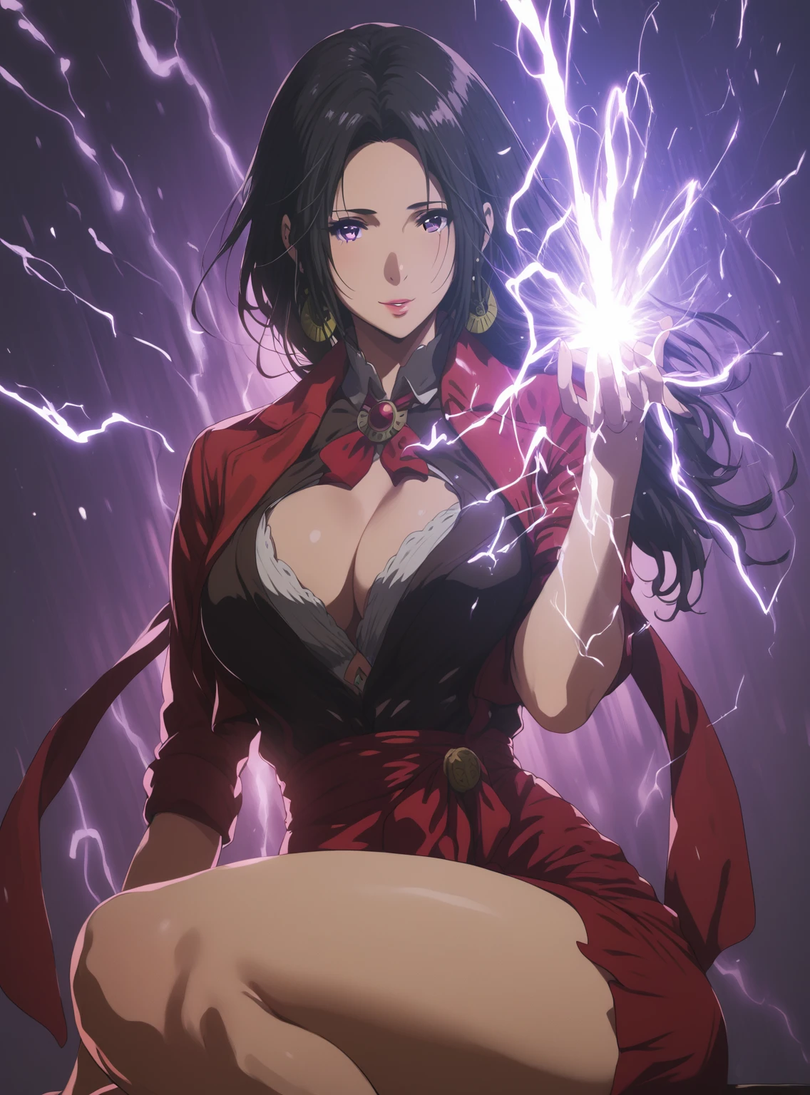 (hews art style:0.7), (hero neisan art style:0.7), score_9, score_8_up, score_7_up, score_6_up, score_5_up, score_4_up, uncensored, KJOcattleya, black hair, purple eyes, long hair, parted bangs, BREAK (masterpiece:1.2), best quality, high resolution, (detailed eyes:1.3), perfect lighting, (perfect hands, perfect anatomy), large , 1girl, breasts cleavage cutouage, clothing cutge breasts, skirt, miniskirt, crocket, makeup, lips, thighs, earrings, jewelry, looking at viewer,electricity, jacket,