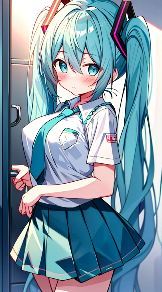 (8k、Best image quality、Highest quality、masterpiece)、One Girl、Twin tails、hatsune miku、Bright Blue Eyes、blush、Troubled face、Large breasts，show off nipples under white shirt，tie，mini skirt，Rear View、Cowboy Shot、Locker Room Background