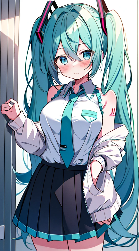 (8k、Best image quality、Highest quality、masterpiece)、One Girl、Twin tails、hatsune miku、Bright Blue Eyes、blush、Troubled face、Large breasts,show off nipples under white shirt,tie,mini skirt,Rear View、Cowboy Shot、Locker Room Background