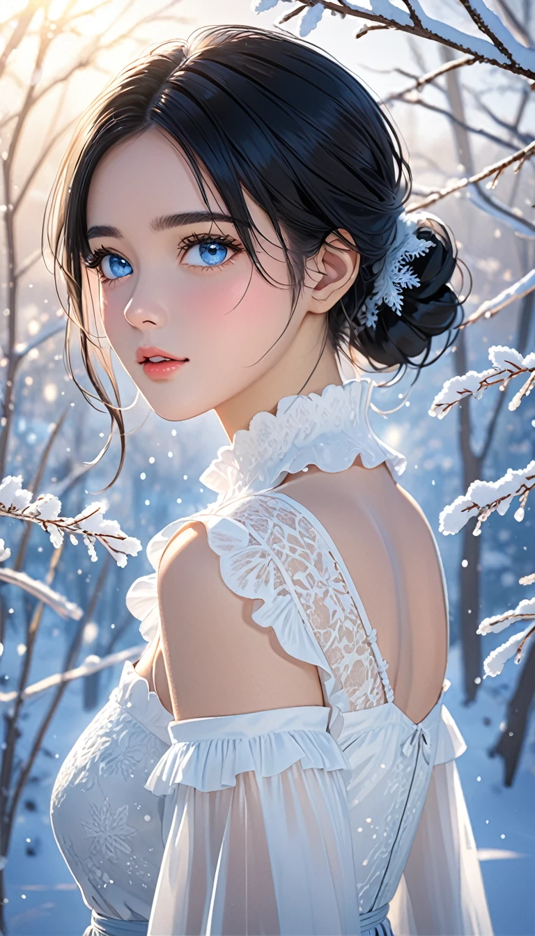 (((masterpiece))),best quality,illustration,4k wallpaper,movie lighting,absurd,1 girl,(snow,ice),in winter,black hair,shiny hair,medium hair,blue eyes,white clothes,frills,lace,leave_Shoulder,hair tie,masterpiece,telephoto lens,absurd,Exquisite face,features,natural light,soft light,(Seven-part combination),epic,Dreamy and magical,mystery,