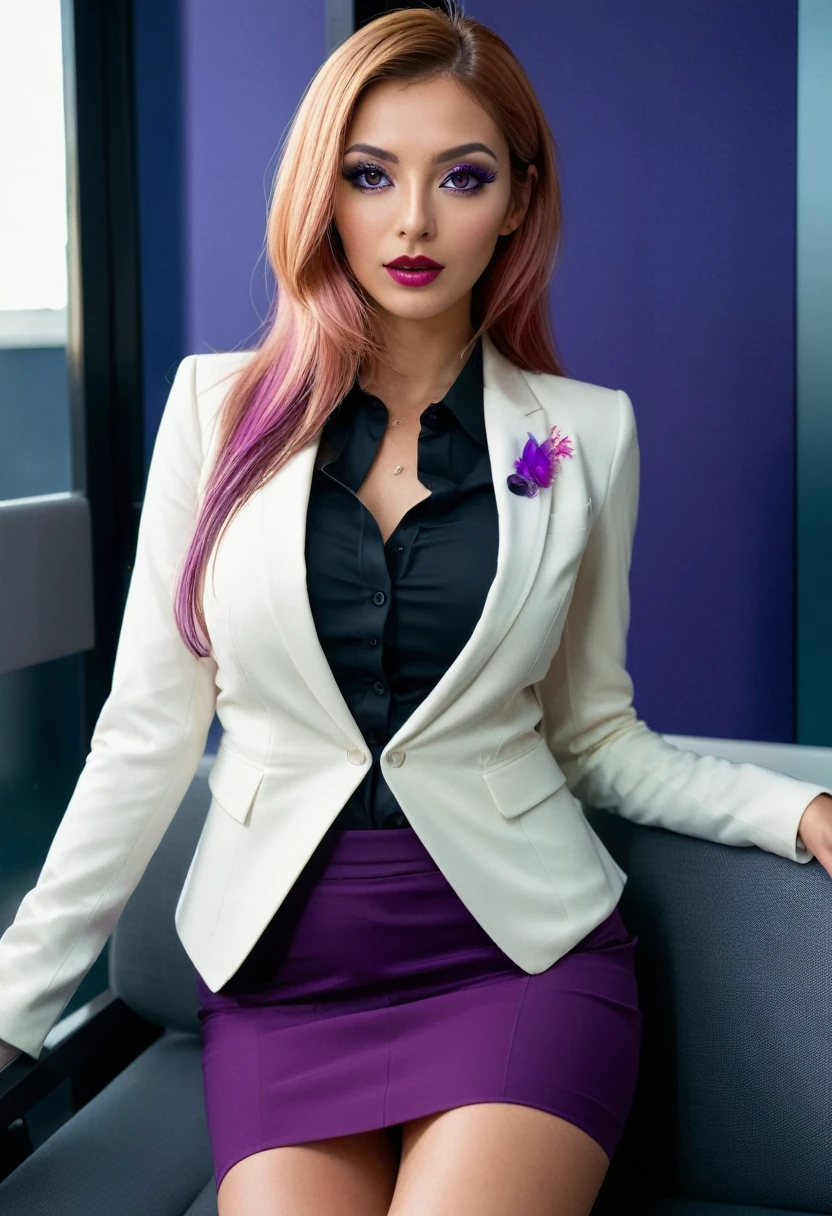 ((fullbody)),sitting,,((wearing business suit and white light jacket and mini skirt))、pantyhose,crotch,cameltoe,red lips,purple eyeliner,、italian woman, , medium breasts, ,looking at viewer, , (((1girl))), ,((skinny)),pink long hair, hands on hips, score_9, score_8_up, from below