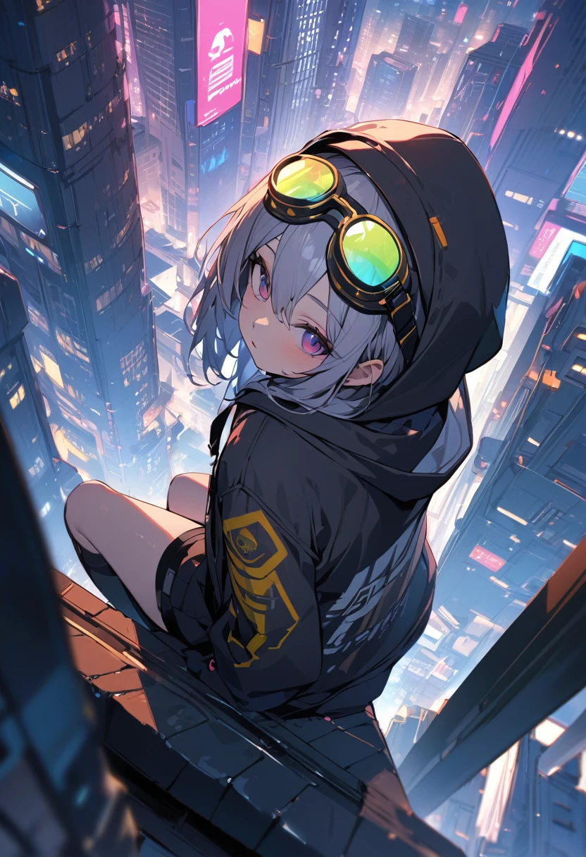 (masterpiece, best quality,ultra highres), a girl sitting on top of a chimney looking down on the city,from above,bird's eye view,Hoodie, goggles,messy cyberpunk cityscape,depth of field,portrait,