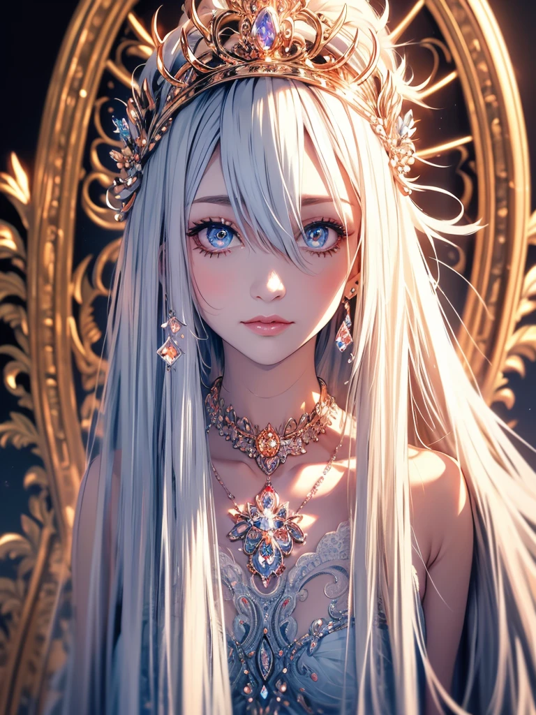 There is a woman in a long white dress her thighs show, neckleace, a thin, long crown in the center of your head, the beautiful fantasy queen, long white hair with streaks of blood at the ends, (((thick))), a portrait of a princess, a work of art in the Guvez style. 5d cgi anime fantasy art, High-quality, detailed artwork in 8K  