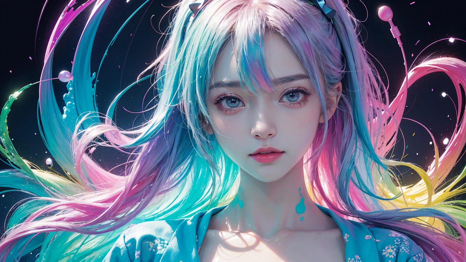 ((1 girl)), colorful, Dot, colorfulなペイント, Splash Paint, liquid, fog, Bright colors, matrix, hologram, Confused, detailed, 非常にdetailed, 非常にdetailed, Complex, masterpiece, 8k,khd,8k resolution,masterpiece
