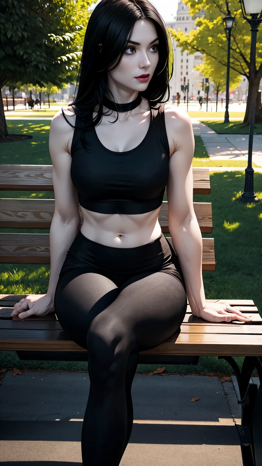 Pale skin, flowing black hair, black tank top, ((black spandex leggings)), ankh around neck, sitting on a park bench