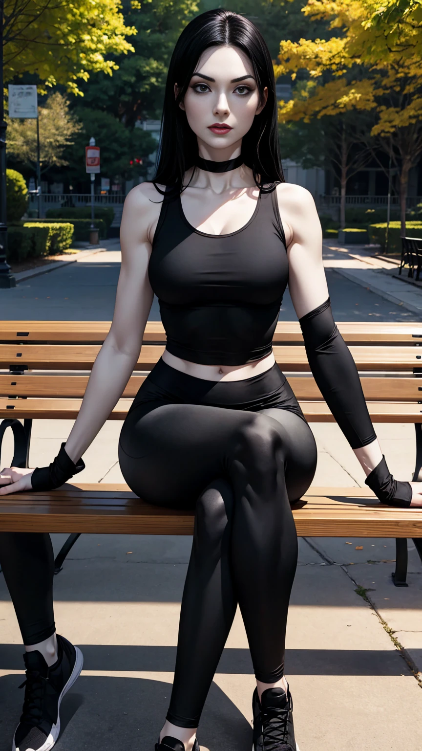 Pale skin, flowing black hair, black tank top, ((black spandex leggings)), ankh around neck, sitting on a park bench