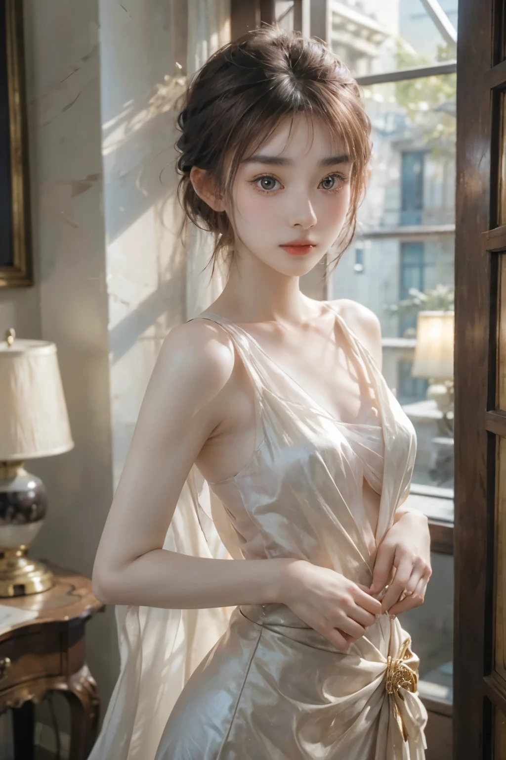 8k、Enchanting girl, Very detailed,Audrey Hepburn, Exquisite decorative details 、 Very intricate details 、 Realistic Light, sideboob、Put your hands behind your back,chest sarashi