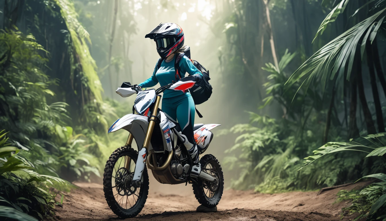 very beautiful girl, dramatic jungle background, wear motocrosser bottom suit, jacket tied around the waist, standing beside motocross, wearing tanktop, wearing motocross helmet, 4k