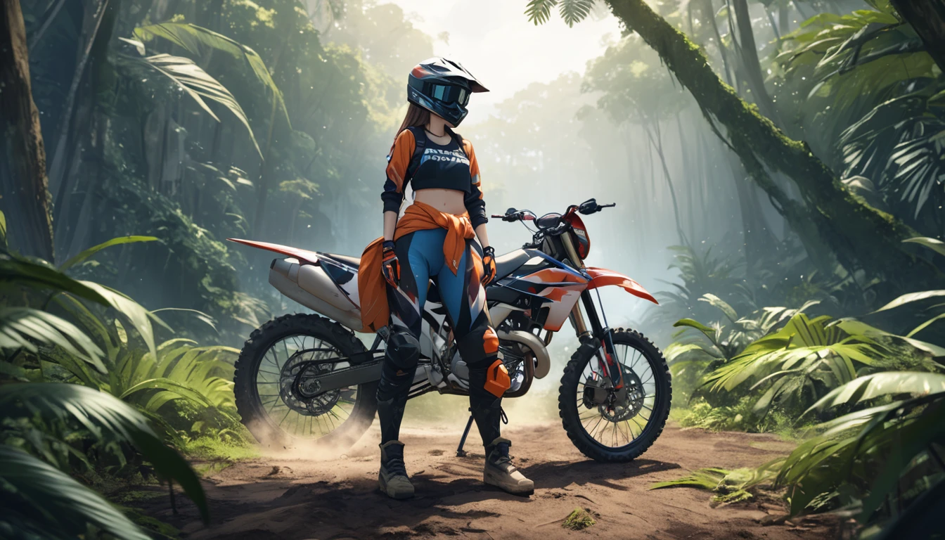 very beautiful girl, dramatic jungle background, wear motocrosser bottom suit, jacket tied around the waist, standing beside motocross, wearing tanktop, wearing motocross helmet, 4k