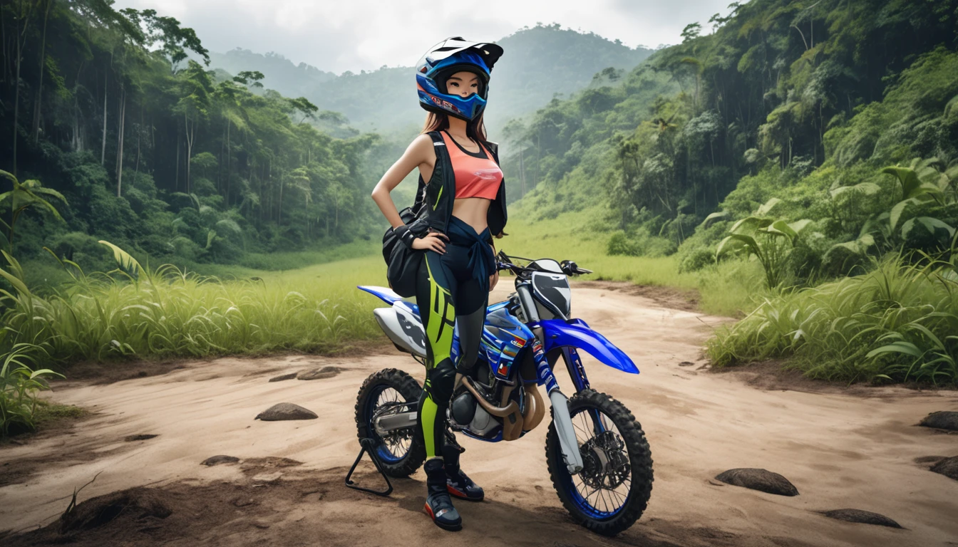 very beautiful girl, dramatic jungle background, wear motocrosser bottom suit, jacket tied around the waist, standing beside motocross, wearing tanktop, wearing motocross helmet, 4k