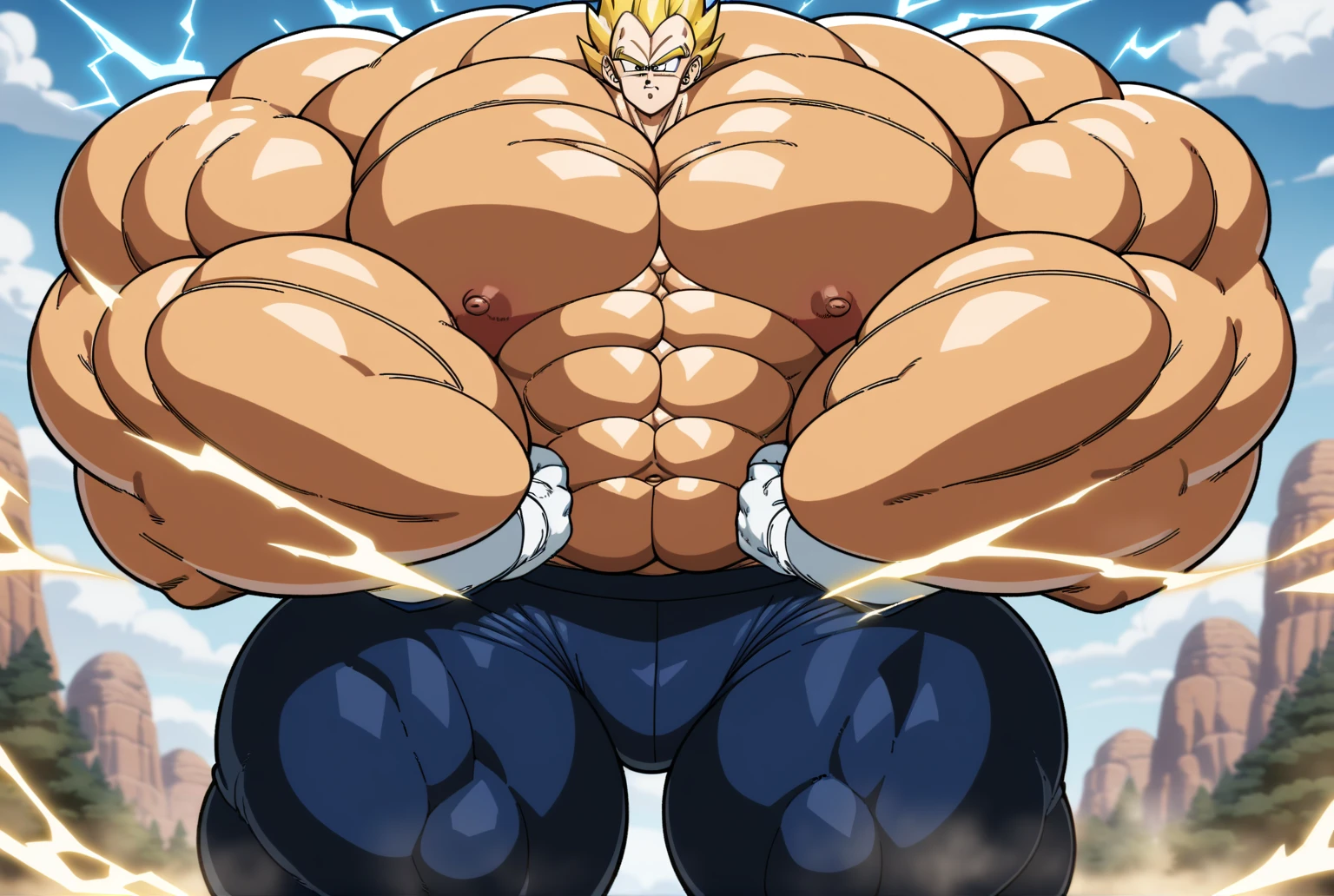 1boy, Vegeta, from Dragon Ball Z, masterpiece, best quality, very aesthetic, absurdres, saiyan, green eyes, spiked hair, (yellow hair:1.5), shirtless, blue skintight pants, white gloves, (huge muscles:2.7), (huge round biceps:2.7), dragonballartstyle, in the style of Akira Toriyama, white tiled floor, outdoors, flat-top mountains, nipples, yellow aura, electricity, white gloves, fists squeezed