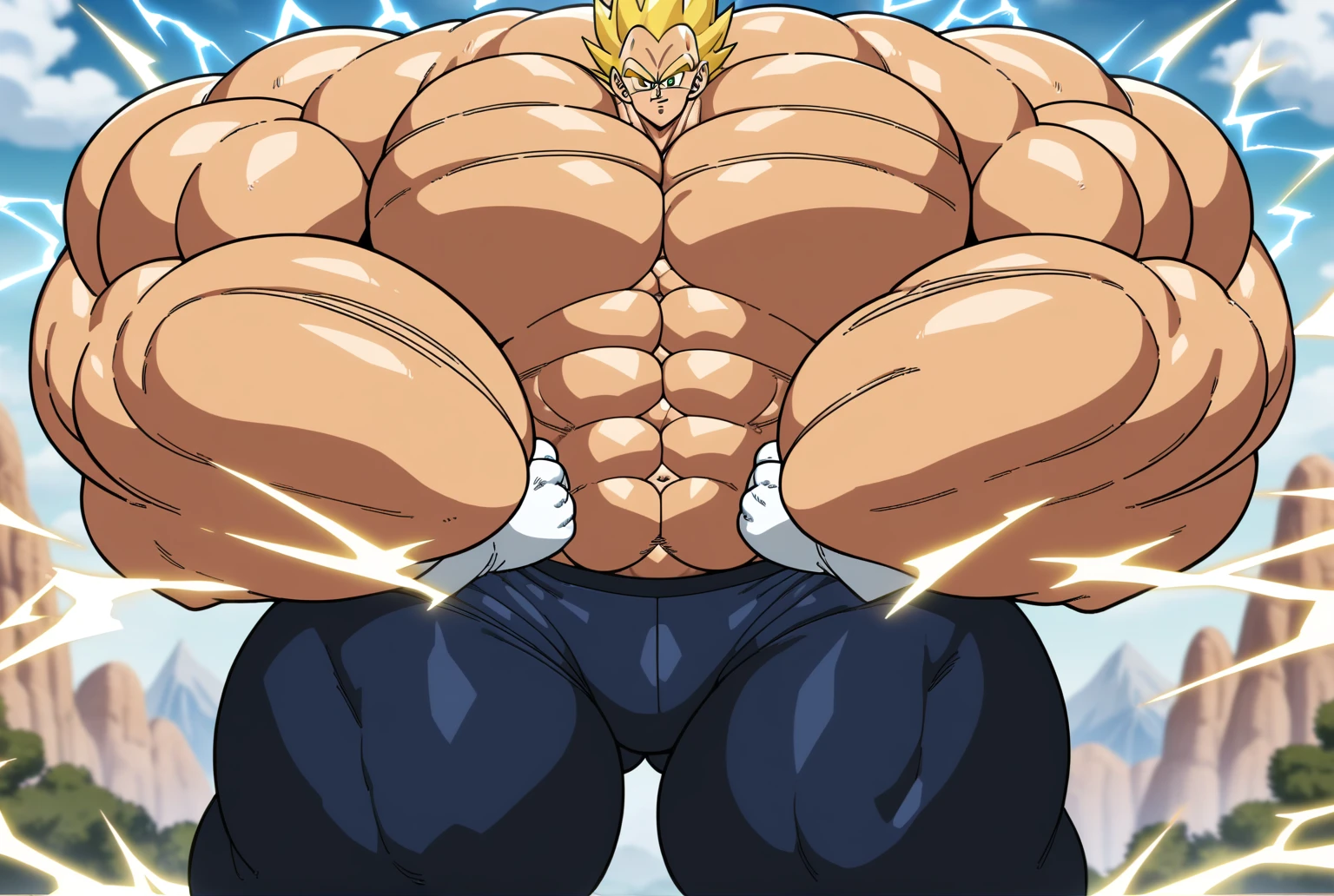 1boy, Vegeta, from Dragon Ball Z, masterpiece, best quality, very aesthetic, absurdres, saiyan, green eyes, spiked hair, (yellow hair:1.5), shirtless, blue skintight pants, white gloves, (huge muscles:2.7), (huge round biceps:2.7), dragonballartstyle, in the style of Akira Toriyama, white tiled floor, outdoors, flat-top mountains, nipples, yellow aura, electricity, white gloves, fists squeezed