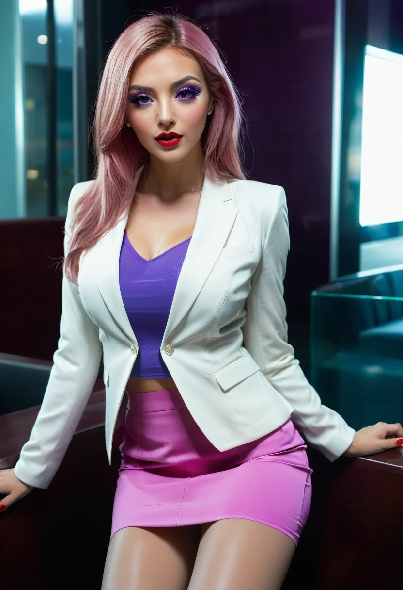 ((fullbody)),sitting,,((wearing business suit and white light jacket and mini skirt))、pantyhose,crotch,cameltoe,red lips,purple eyeliner,、italian woman, , medium breasts, ,looking at viewer, , (((1girl))), ,((skinny)),pink long hair, hands on hips, score_9, score_8_up, from below