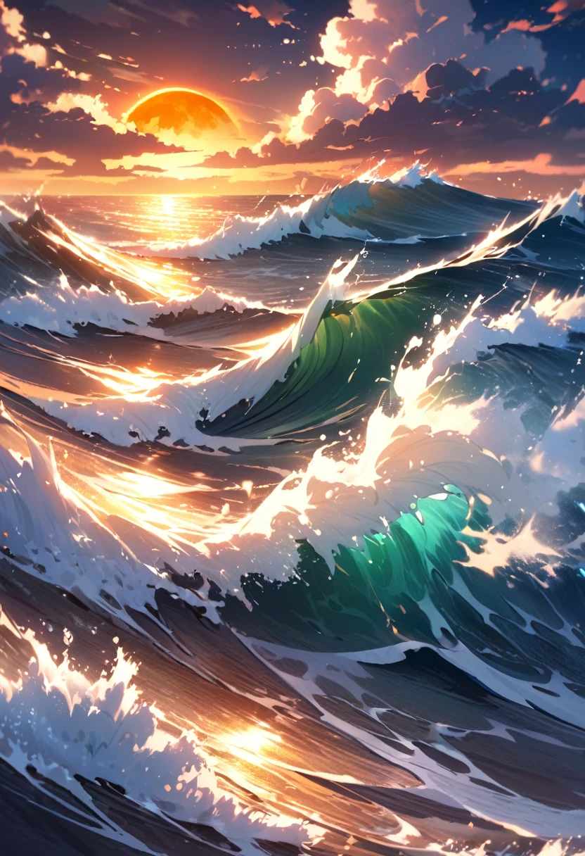 4K precise and detailed photography. Fantastic images,
sea, big waves, dusk, orange moon, rainbow clouds and sky background,