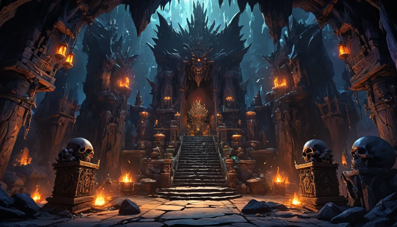 (anime: 1.5, dark fantasy: 1.5, throne: 1.5), ((best quality, highres, HDR:1.2)), vibrant colors, dangerous atmosphere, ((goblin king throne)), ((goblin lair: 1.5)), ((cave, obsidian cavern)), ((scratch banner)), ((totem, tribal, skulls, spikes)), dark :1.4, general shot