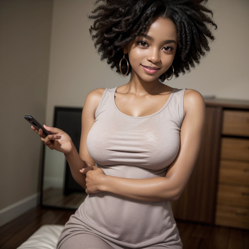 african american woman, Whole body, Beautiful dark skinned woman, Afro hair, cell phone photography, The best quality, beautiful, dress pretty, Woman about 25 years old, yoga teacher, warm smile, beautiful body, cute breasts, casual clothes, tender, detailed eyes, detailed face.