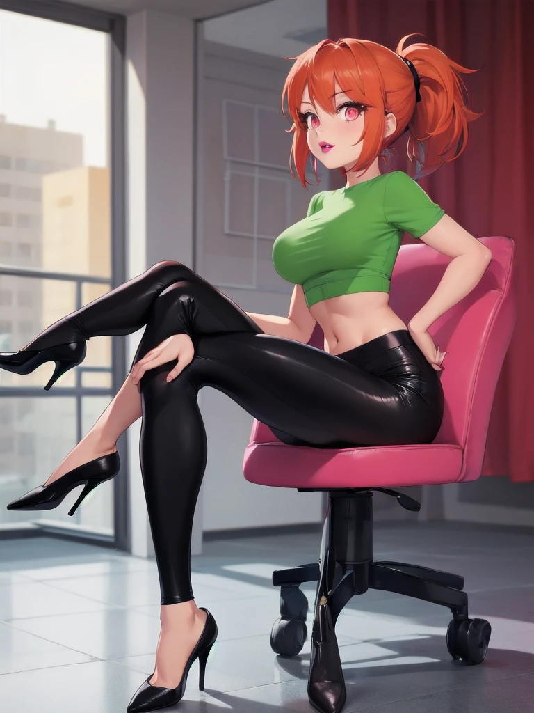  wide hips, thighs, Vicky, ponytail, lipstick, midriff, 1girl, green crop top, pink eyes, pleated mini skirt, orange hair ,solo girl, sitting, crossing legs, high heels