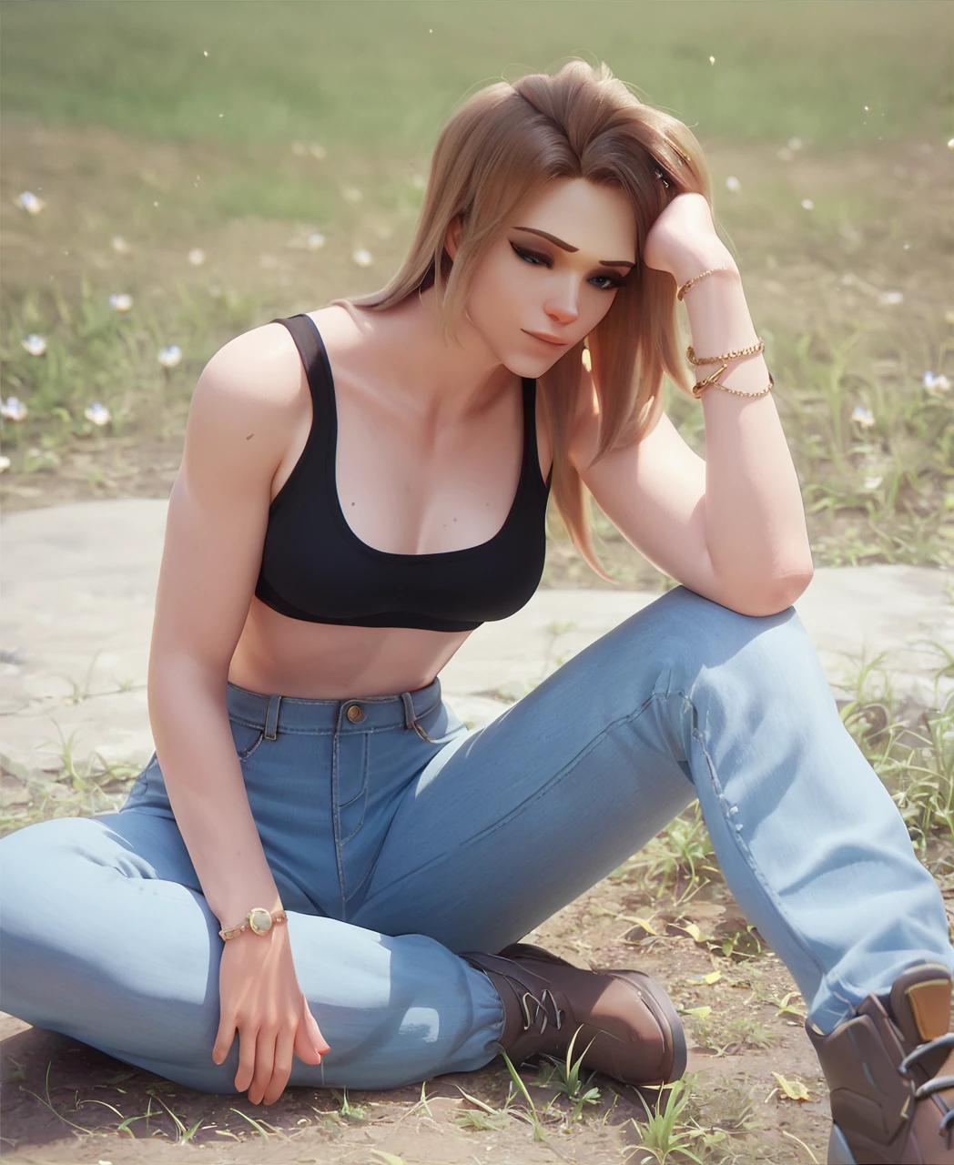 score_9,score_8_up,score_7_up,score_6_up ,source_overwatch score_9, score_8_up, score_7_up,  1woman, solo, mercy \(overwatch\), high quality, sitting in the field