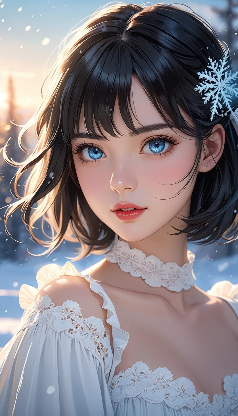 (((masterpiece))),best quality,illustration,4k wallpaper,movie lighting,absurd,1 girl,(snow,ice),in winter,black hair,shiny hair,medium hair,blue eyes,white clothes,frills,lace,leave_Shoulder,hair tie,masterpiece,telephoto lens,absurd,Exquisite face,features,natural light,soft light,(Seven-part combination),epic,Dreamy and magical,mystery,