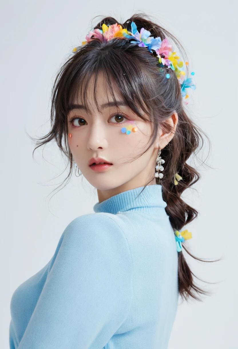 (masterpiece), (best quality), (Extremely detailed),(Messy hair),(illustration), (1 Girl), (Fashion), permanent, fashion model, Looking at the audience, (interview), (Simple background),Beautiful and delicate eyes, Delicate and beautiful face, floating,(High Saturation),(Colorful splash),Colorful bubbles,(shining), Focus on the face, Ponytail, Kamisato Ayaka, Light blue hair, Bangs, Hair ring, Floating flowers, Floating hair, (shining), Optimal lighting, Best shadow,