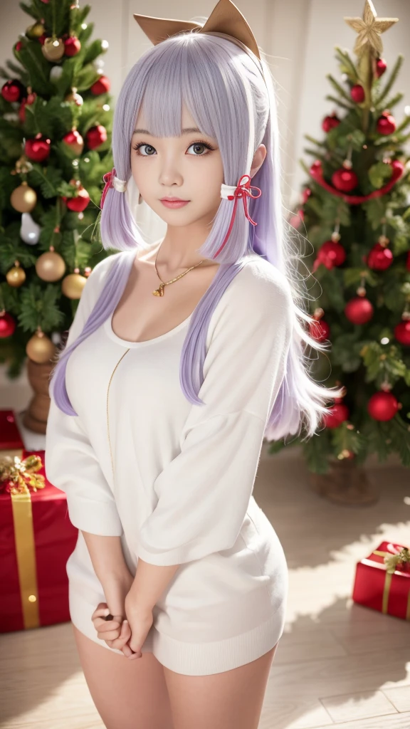 (8K, masterpiece, RAW photos, best quality, detail:1.2), Reality, Extremely detailed Cg Unity 8K wallpaper, Depth of Field, light, lens flare, Ray Tracing, (Extremely beautiful face, Beautiful lips, beautiful eyes),1 Girl, Purple Hair, Purple Eyes, (Purple pupils), Very long hair, Wide hips, Large Breasts, ((Christmas clothes:1.2)), partedbangs, 傻lol, 微lol, lol, Santa Claus Costume, Bag full of gifts, Christmas tree, Let your arms hang naturally