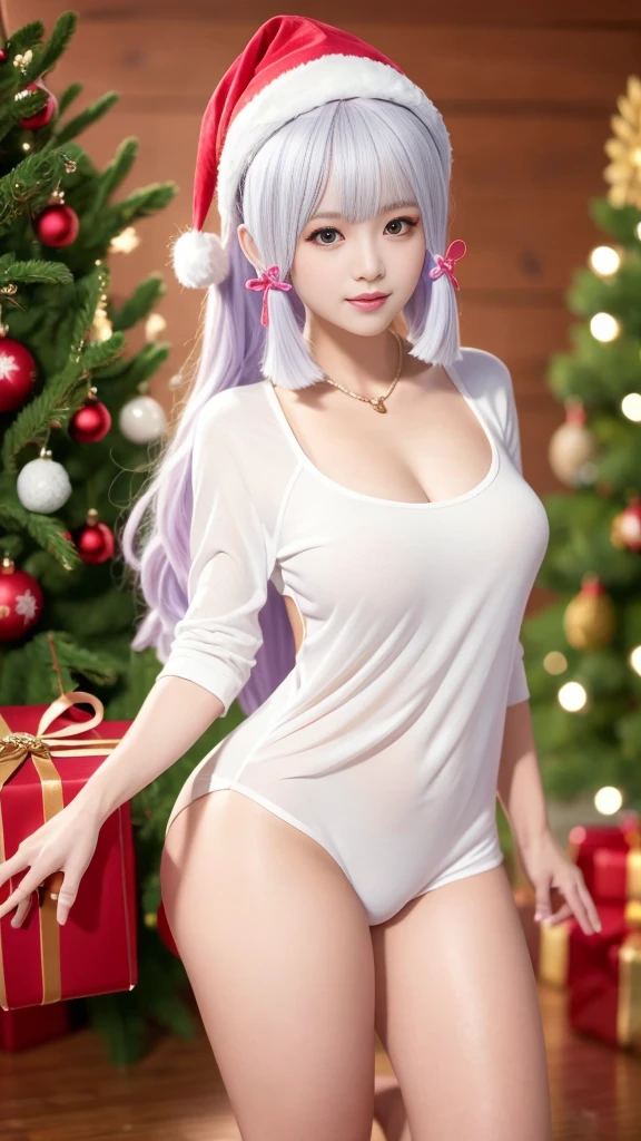 (8K, masterpiece, RAW photos, best quality, detail:1.2), Reality, Extremely detailed Cg Unity 8K wallpaper, Depth of Field, light, lens flare, Ray Tracing, (Extremely beautiful face, Beautiful lips, beautiful eyes),1 Girl, Purple Hair, Purple Eyes, (Purple pupils), Very long hair, Wide hips, Large Breasts, ((Christmas clothes:1.2)), partedbangs, 傻lol, 微lol, lol, Santa Claus Costume, Bag full of gifts, Christmas tree, Let your arms hang naturally