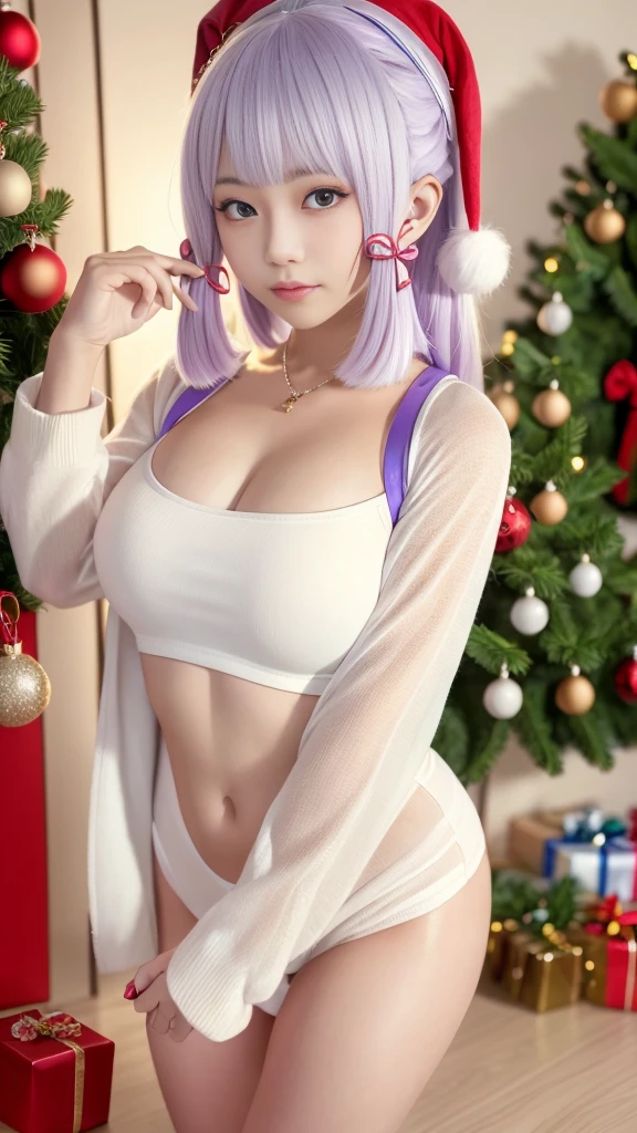 (8K, masterpiece, RAW photos, best quality, detail:1.2), Reality, Extremely detailed Cg Unity 8K wallpaper, Depth of Field, light, lens flare, Ray Tracing, (Extremely beautiful face, Beautiful lips, beautiful eyes),1 Girl, Purple Hair, Purple Eyes, (Purple pupils), Very long hair, Wide hips, Large Breasts, ((Christmas clothes:1.2)), partedbangs, 傻lol, 微lol, lol, Santa Claus Costume, Bag full of gifts, Christmas tree, Let your arms hang naturally