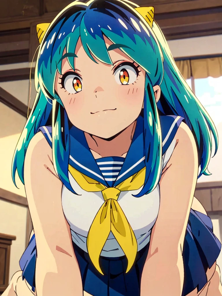 masterpiece, Highest quality, 1 Girl, Lum、 Mature、Sailor suit、Navy Skirt、On all fours、Watching the audience、smile、From below, From before, anime, blush, sexy、 High definition, Yellow neckerchief, Point, Bedroom