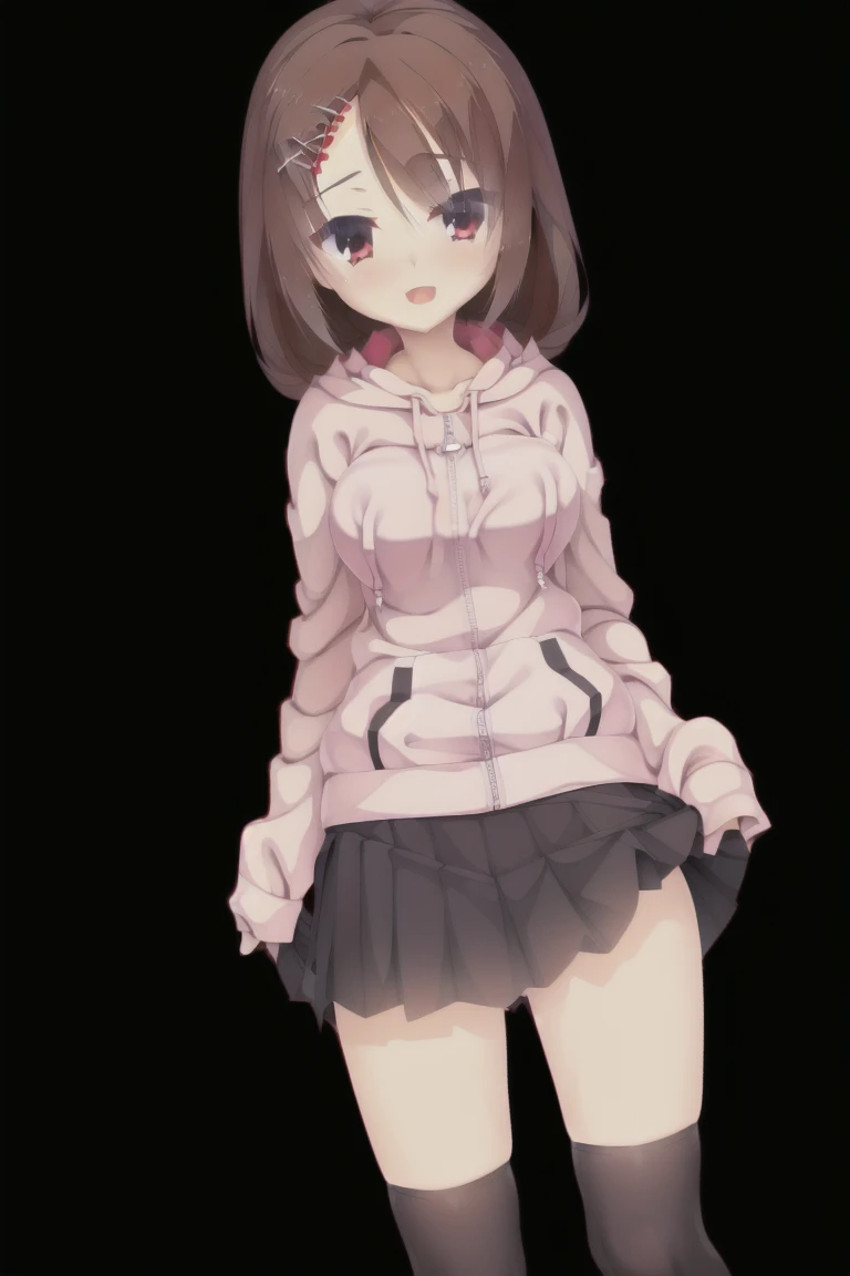 1girl,standing,simple_background,bangs,(red_hoodie:1.3),(black_pleated_skirt:1.35),bob_hair,brown_hair,独奏,black_skirt,blush,skirt,white_background,breasts,eyebrows_ass visible_through_hair,short_hair,smile,red_eyes,looking_at_viewer,thighhighs,long_sleeves,medium_hair,thighs,hair_ornament,hairclip,medium_breasts,shoes,:d,zettai_ryouiki,hood,arm_up,hoodie,sneakers,brown_legwear,feet_out_of_frame,hood_down,sleeves_past_wrists,drawstring,red_hoodie,expensive_solve, clear_image, expensive_Contrast, 8k, Sparkling, beautiful_detailed_face_and_eye, (Brown Hair:1.25), 白 eye,