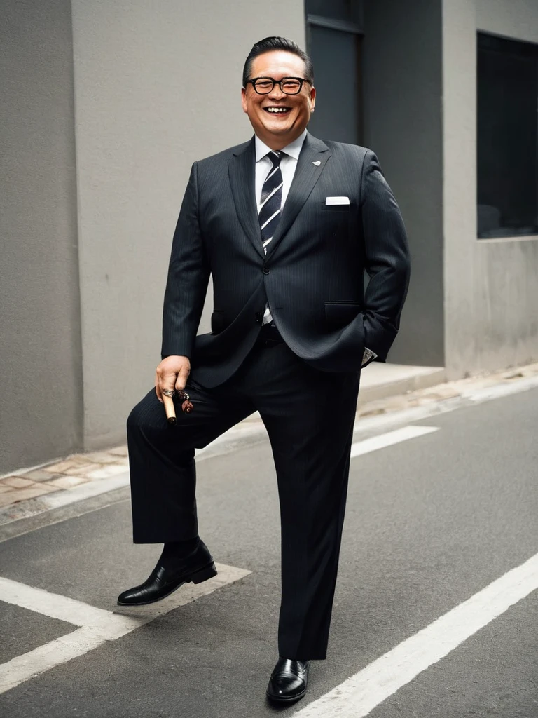 Middle-aged men、Are fat、A brazen face、Black-rimmed glasses、all back、Double suit、Grinning、Have a cigar、Full body photo