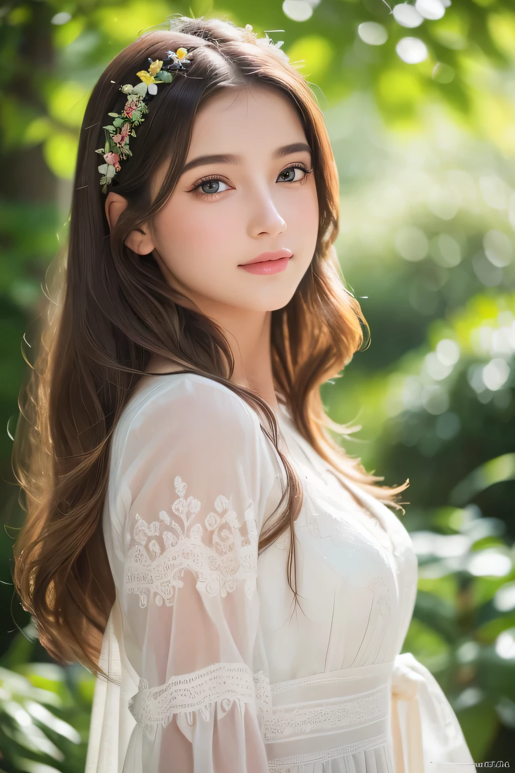 a young girl with a kind and gentle expression, beautiful detailed eyes, beautiful detailed lips, extremely detailed face, long eyelashes, delicate facial features, warm smile, soft skin, flowing hair, wearing a colorful dress, standing in a serene garden with lush greenery, sunlight filtering through the trees, (best quality, 4k, 8k, highres, masterpiece:1.2), ultra-detailed, (realistic, photorealistic, photo-realistic:1.37), intricate background details, vibrant colors, natural lighting, whimsical, ethereal