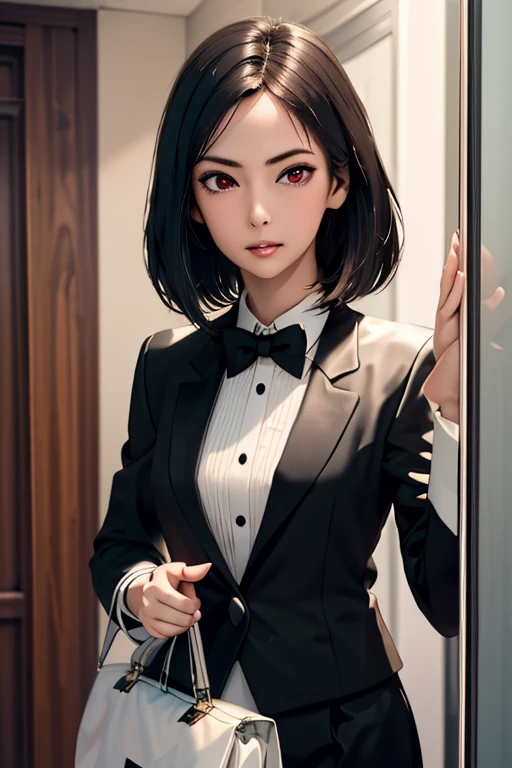 ((masterpiece, Highest quality)), ((Detailed CG integrated 8K people)), That Time I Got Reincarnated as a Slime, Characters, Diablo, Tuxedo, Short black hair with white mesh, White handbag, girl dressed as a man, Woman dressed as a man, 黒いTuxedo:1.8, Red eyes,