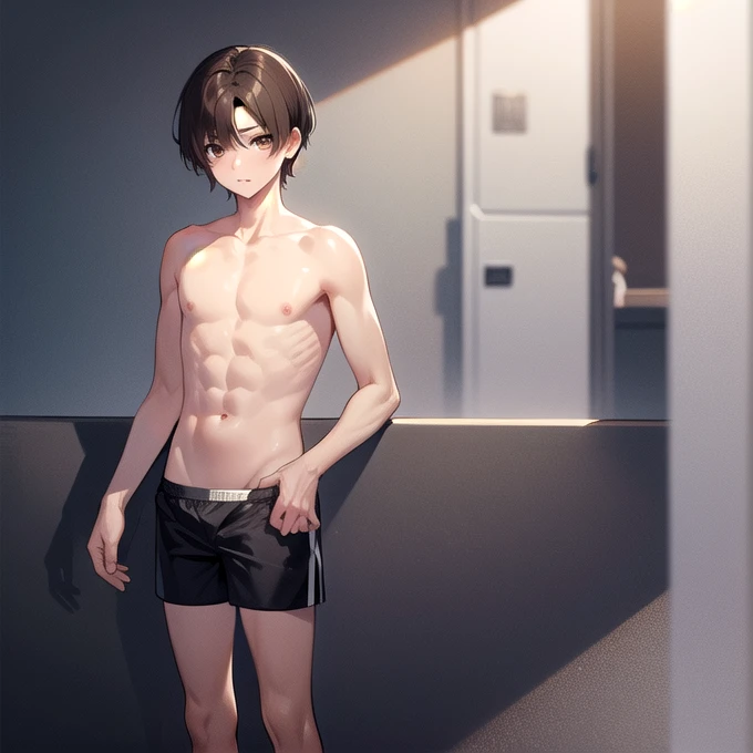 1boy, solo, brown eyes, short hair, parted bangs, straight hair, brown hair, white male underwear, standing