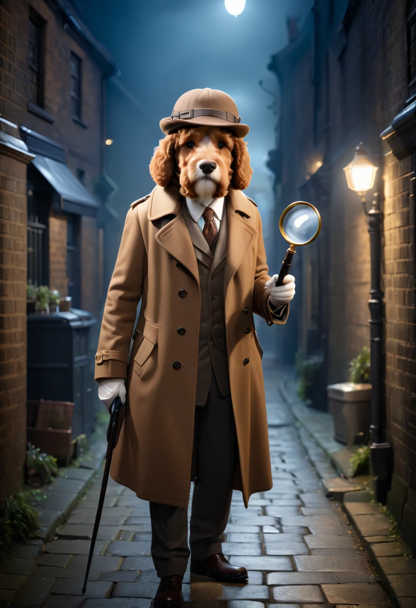 A brown Cavapoodle in a classic detective outfit, including a trench coat and deerstalker hat, holding a magnifying glass and investigating a mysterious scene in a dimly lit alley. The background includes shadowy figures and a foggy atmosphere
