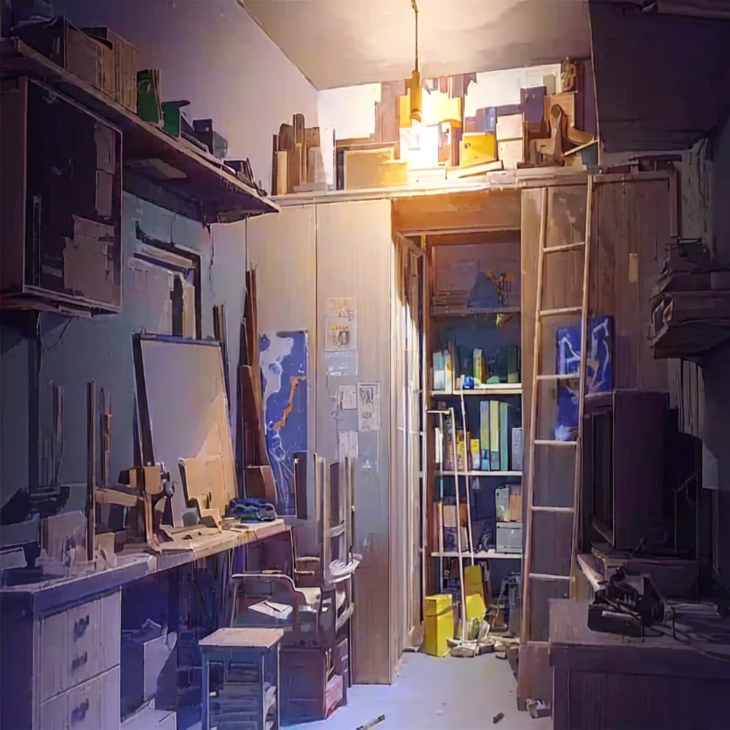 Is there a room with a desk, bookshelves, and a television, Personal room background, painting a room, An escape room in a small, photorealistic room, messy room, puzzle room, bedroom in studio ghibli, cyberpunk bedroom, Conceptual art. 8k, I study Makoto Shinkai with ease, animated background art, 3 d stylize scene