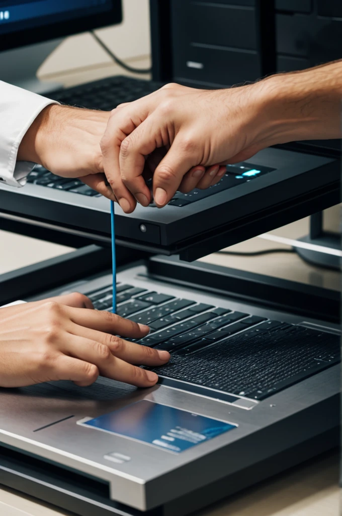 person removing static by touching a computer