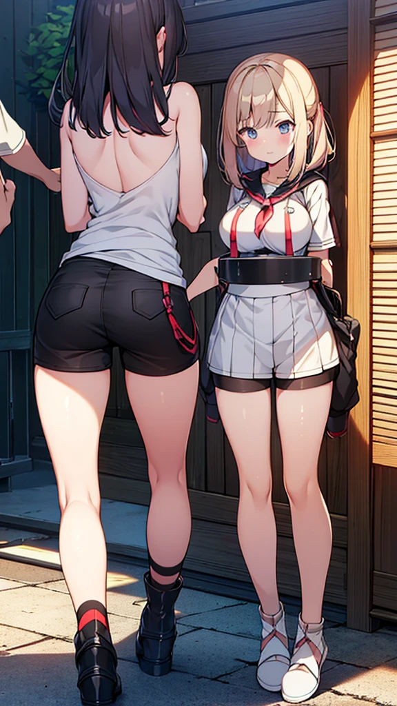 Full body image, front, One girl, 18-year-old, Mix 4, (32K, RAW Photos, Highest quality, masterpiece:1.2), (Anime-like, photoAnime-like:1.37), cute, Short sleeve T-shirt,Shorts,Black knee socks, night, rain, Humidity, Professional Lighting, Photon Mapping, Radio City, Physically Based Rendering, Super Resolution, (Big Breasts:1.2), {{The biological weapon that had preyed on the younger sister took her place and reunited with the older brother, The rebellious little sister has become the obedient little sister}}, Girl Skull, whole body, NSFW