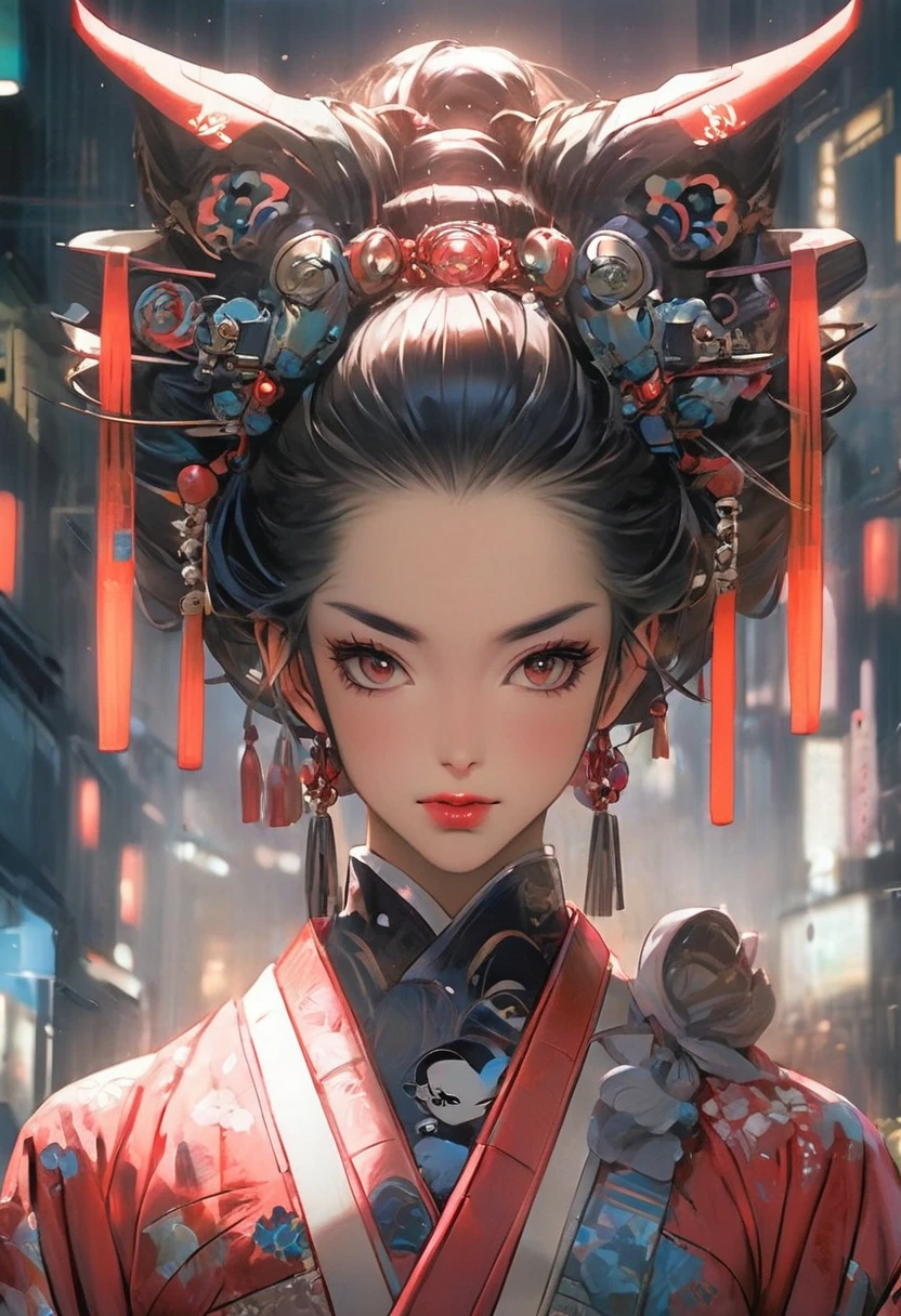 
In the heart of Tokyo's bustling neon-lit streets, amidst the towering skyscrapers and pulsating energy, stands a vision of cyberpunk elegance – a geisha of the future. Her traditional kimono, once a symbol of refined beauty, has been transformed into a cyberpunk masterpiece. Its flowing silk is now interwoven with metallic threads, shimmering with an otherworldly glow. The obi, once a delicate sash, is now a sleek cybernetic belt, pulsing with digital lights.

Her face, painted in the traditional white and red of a geisha, is now adorned with intricate cybernetic implants. Delicate lines of light trace the contours of her eyes, while her lips are outlined in a subtle neon glow. Her hair, once styled in an elaborate updo, is now a cascading waterfall of cybernetic strands, each tipped with a tiny LED light.

In her hand, she holds not a traditional fan but a sleek cybernetic device, its surface shimmering with holographic displays. Her eyes, once veiled behind layers of makeup, are now fully visible, revealing a depth of intelligence and determination that belies her delicate appearance.

She stands tall and proud, her presence commanding attention amidst the throngs of passersby. Her gaze is fixed on the viewer, unflinching and direct. It is a gaze that pierces through the superficiality of the cyberpunk world, challenging the viewer to see beyond the neon lights and the cybernetic enhancements to the true essence of the geisha – a woman of strength, intelligence, and unwavering spirit.

In this cyberpunk geisha, the traditional and the futuristic collide, creating a fusion of beauty and power that is both captivating and unsettling. She is a symbol of the changing world, a reminder that even in the face of technological advancement, some things remain timeless – the strength of the human spirit, the beauty of the human form, and the enduring power of tradition.