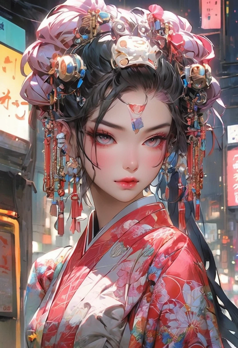 
In the heart of Tokyo's bustling neon-lit streets, amidst the towering skyscrapers and pulsating energy, stands a vision of cyberpunk elegance – a geisha of the future. Her traditional kimono, once a symbol of refined beauty, has been transformed into a cyberpunk masterpiece. Its flowing silk is now interwoven with metallic threads, shimmering with an otherworldly glow. The obi, once a delicate sash, is now a sleek cybernetic belt, pulsing with digital lights.

Her face, painted in the traditional white and red of a geisha, is now adorned with intricate cybernetic implants. Delicate lines of light trace the contours of her eyes, while her lips are outlined in a subtle neon glow. Her hair, once styled in an elaborate updo, is now a cascading waterfall of cybernetic strands, each tipped with a tiny LED light.

In her hand, she holds not a traditional fan but a sleek cybernetic device, its surface shimmering with holographic displays. Her eyes, once veiled behind layers of makeup, are now fully visible, revealing a depth of intelligence and determination that belies her delicate appearance.

She stands tall and proud, her presence commanding attention amidst the throngs of passersby. Her gaze is fixed on the viewer, unflinching and direct. It is a gaze that pierces through the superficiality of the cyberpunk world, challenging the viewer to see beyond the neon lights and the cybernetic enhancements to the true essence of the geisha – a woman of strength, intelligence, and unwavering spirit.

In this cyberpunk geisha, the traditional and the futuristic collide, creating a fusion of beauty and power that is both captivating and unsettling. She is a symbol of the changing world, a reminder that even in the face of technological advancement, some things remain timeless – the strength of the human spirit, the beauty of the human form, and the enduring power of tradition.