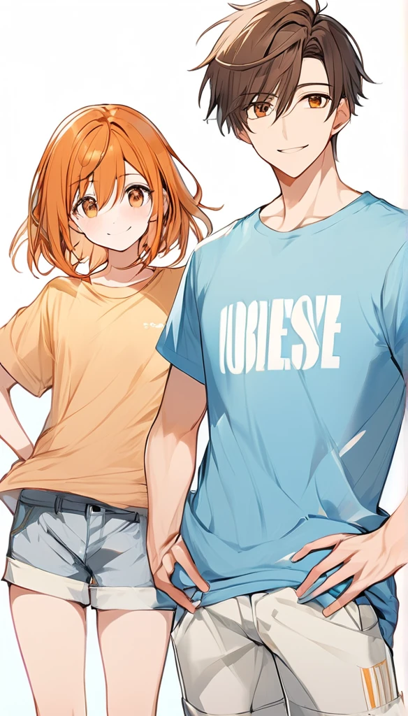1 boy、Cowboy Long、Simple T-shirt、light blue medium hair, brown eyes、Orange Hair Clip、Flat Chest、smile、Please put your hands on your hips、Shorts