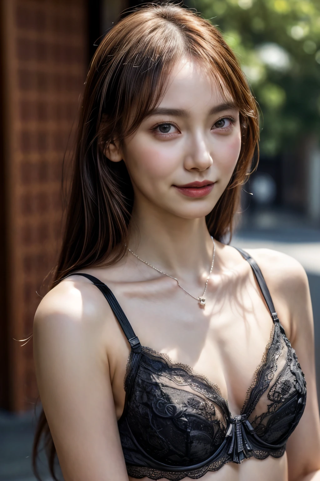 (nsfw:-2), (realistic, photo-realistic:1.4), (masterpiece, best quality:1.2), RAW photo, high resolution, intricate details, extremely detailed, realistic and sharp details, cinematic lighting, portrait, face focus, (bust shot:1.5), frontal photography, solo, 1girl, a Japanese woman, (smaller face, detailed face, beautiful detailed eyes, sophisticated nose), pale skin, collarbone, necklace, jewelry, tiny breasts, smile, (black lingerie, tiny bra, tiny thong, thin strap, sleeveless:1.5), photo background, indoors,,,[Nao Yumiki, Nogizaka46]