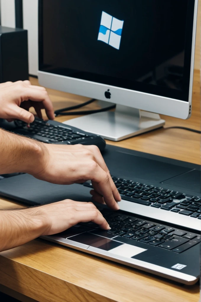 person removing static by touching a computer 